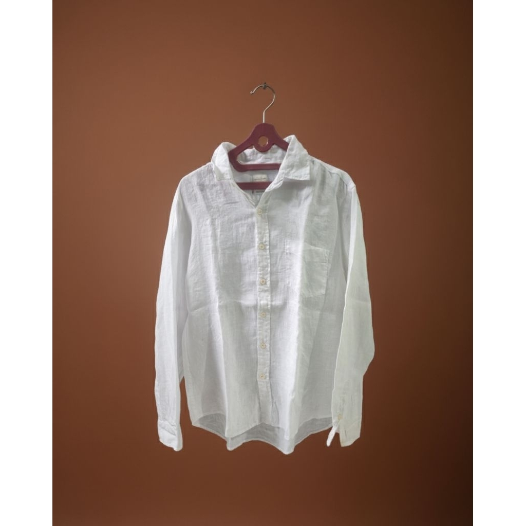 kemeja putih wanita lengan panjang bahan katun linen brand back Number