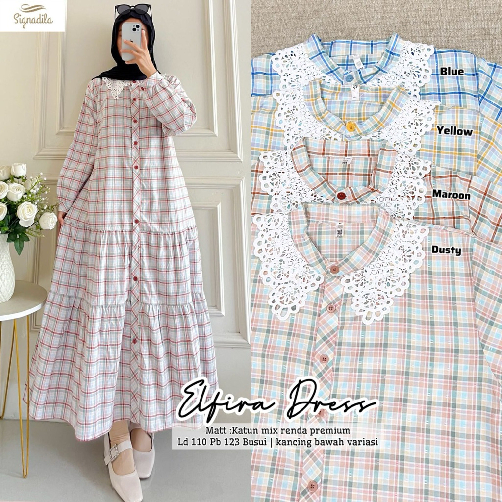 Elfira Dress / Gamis Katun mix Renda Premium Ld 110cm Busui Kancing Bawah Variasi