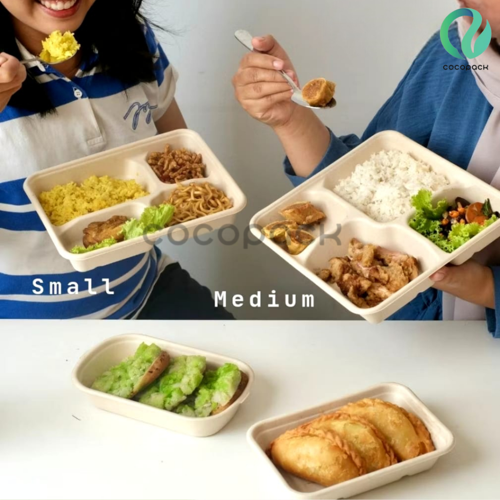 Bagasse Medium Compartment 1100 ML Kotak Tempat Nasi Bento Box Kemasan Makan Catering Box Sekat 3 4 