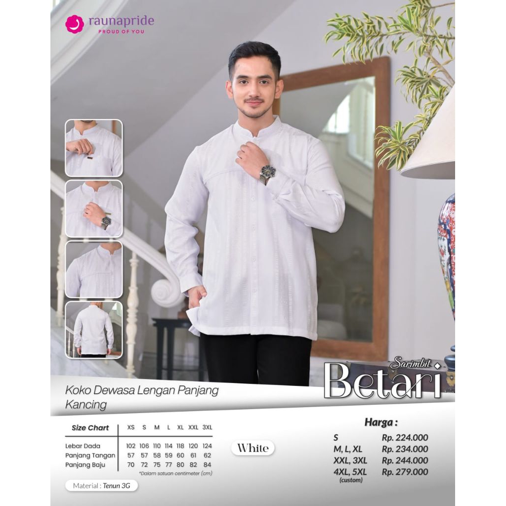 KOKO DEWASA LENGAN PANJANG PUTIH, KOKO DEWASA PUTIH SARIMBIT RAUNA BETARI SERIES, KOKO BETARI PUTIH 