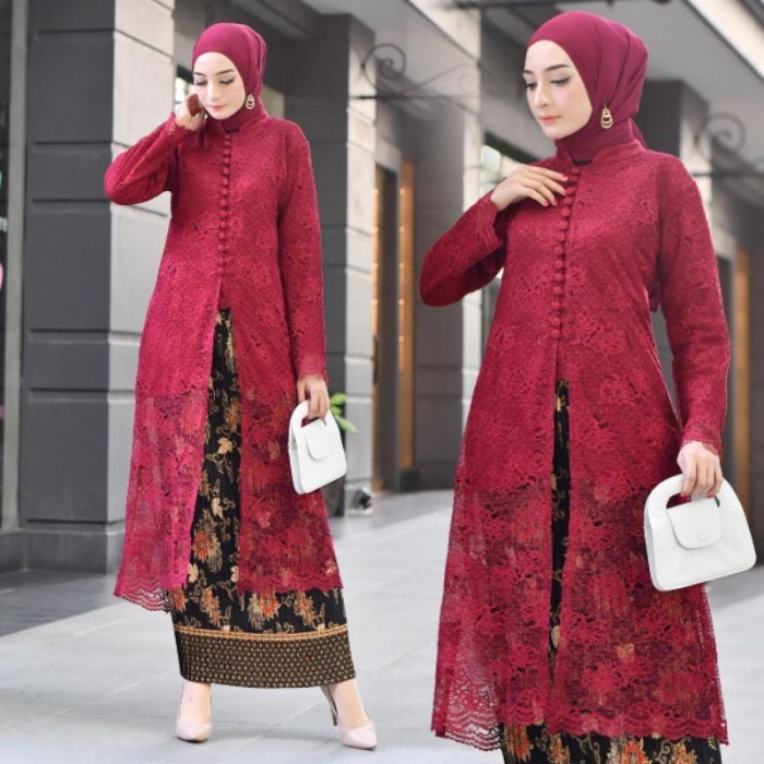 Satu Set Kebaya Kancing Seribu / Setelan Kebaya Tunik Brokat Kancing Seribu Maroon & Lainnya