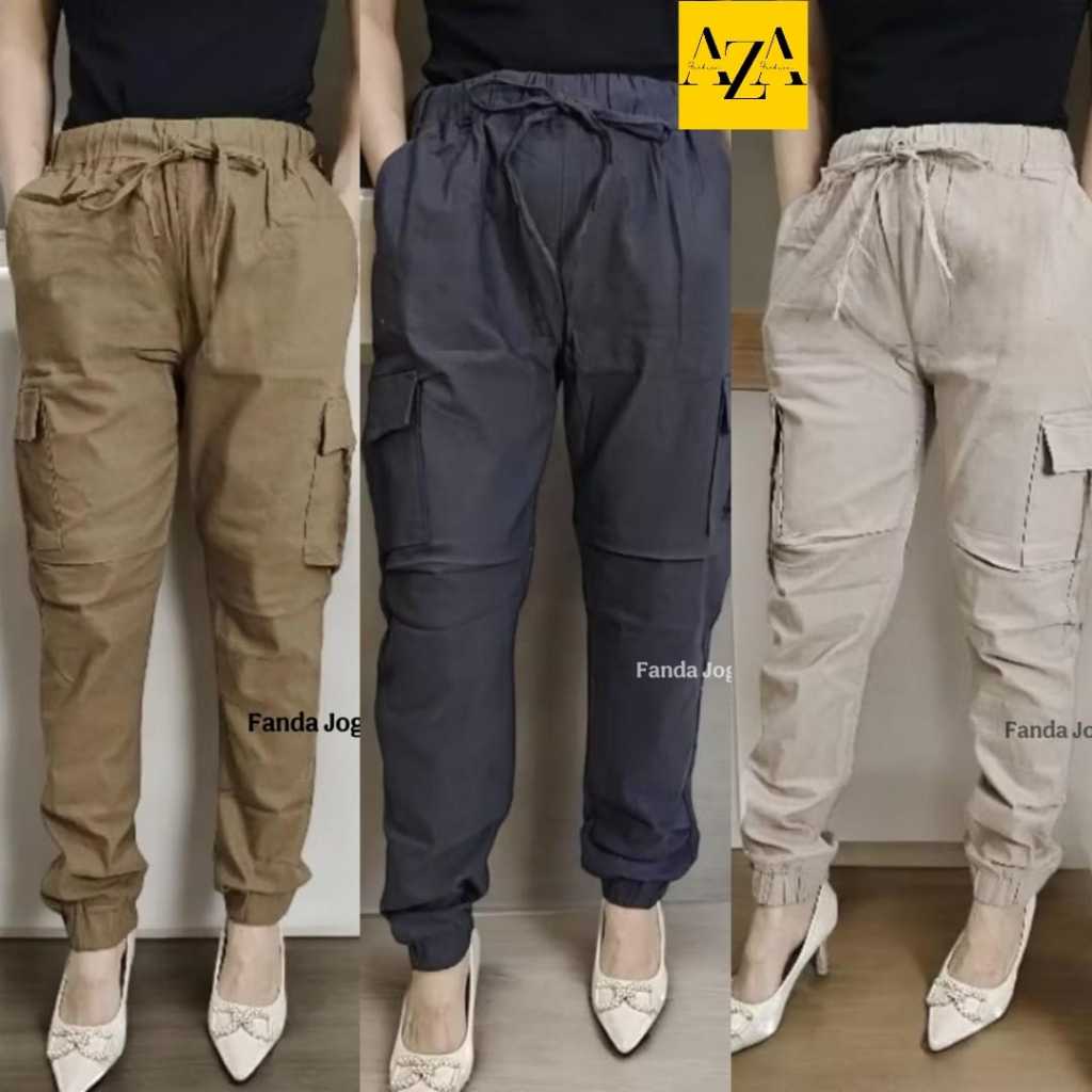 Fanda Jogger Jumbo | Celana Jogger Wanita Cargo Pinggang Karet Soft Jeans Stretch All Size Fit M-XXL