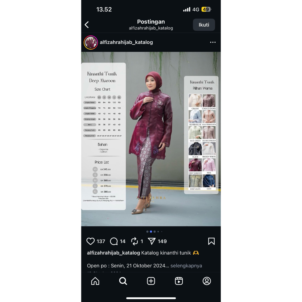 preloved alfizahrahijab kinanthi tunik+rok songket