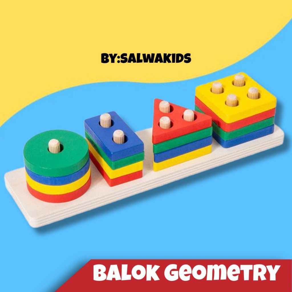 Mainan Edukasi Balok Geometri Kayu Mainan Motorik Susun Balok Bentuk