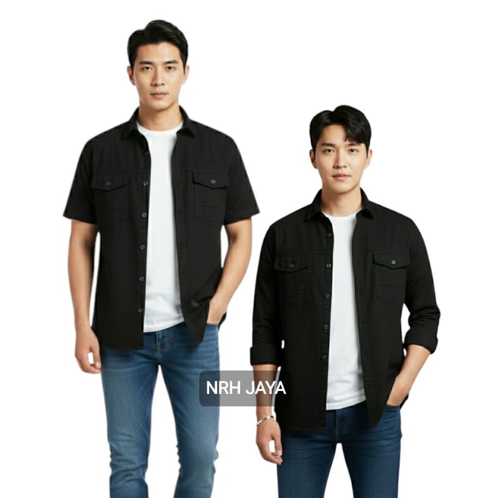 Kemeja Hitam Denim Pria Slim Fit Lengan Panjang Pendek Couple Pasangan Size L-XXXL Jumbo Bahan Jeans
