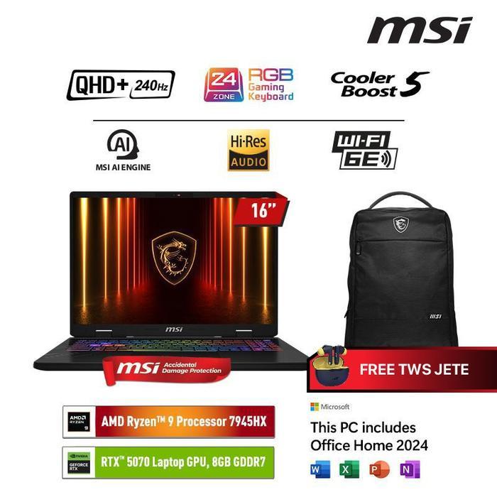 MSI CROSSHAIR A16 HX RYZEN 9 7945HX RTX5070 16GB 512GB 16.0QHD+ 240HZ W11+OHS - 16GB
