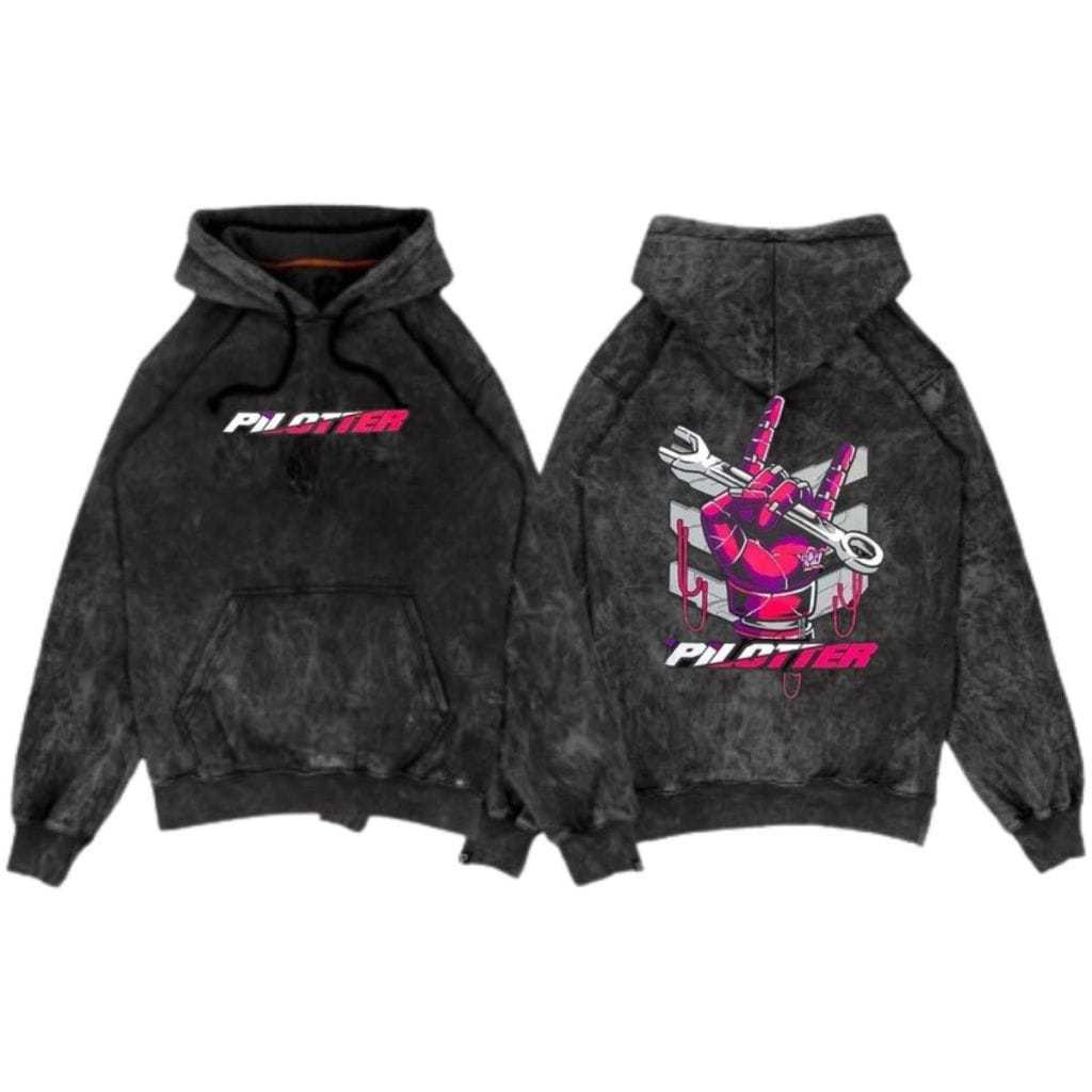 Trabas.Co Jaket Distro Sweater Hoodie Washing Jumper Metal Text M-XXL Black Sandwash PILOTER TEAM SE