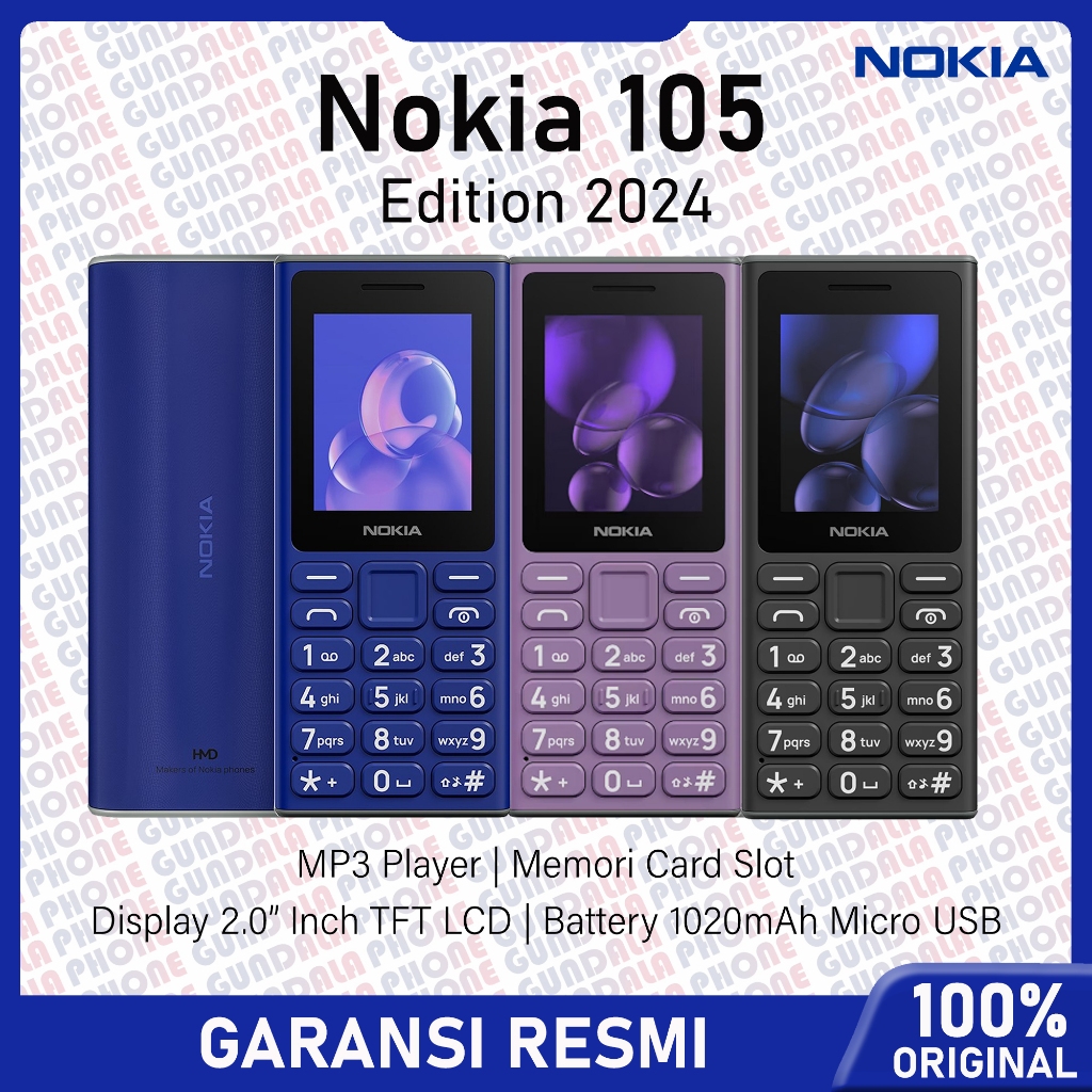 Feature Phone - Nokia 105 Fox 2024 - MP3 Player, MicroSD, Dual SIM, Baterai 1020mAh - Garansi resmi