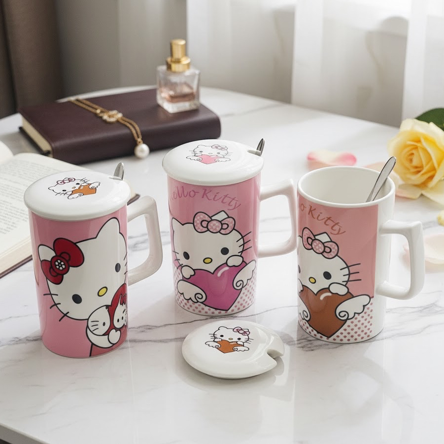 mug keramik hello kitty tinggi tutup tebal + sendok cangkir keramik gelas kopi