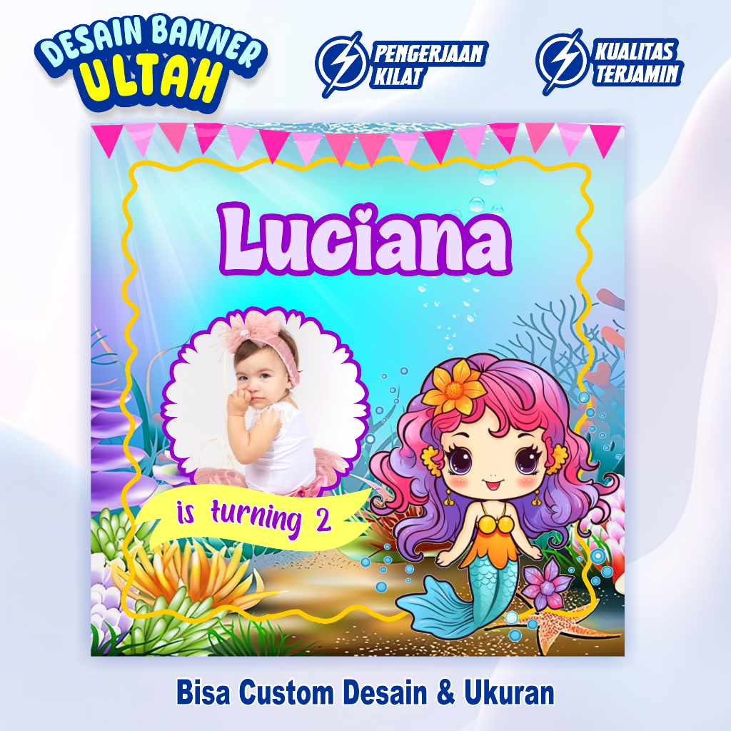 DESAIN MERMAID BANNER/ SPANDUK/ BACKDROP ULANG TAHUN - ULTAH