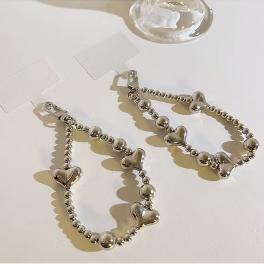 Florina Fashion - Tali Lanyard Hp Manik Love Hati Silver Full Crome Hearts Gantungan Hape Phonestrap