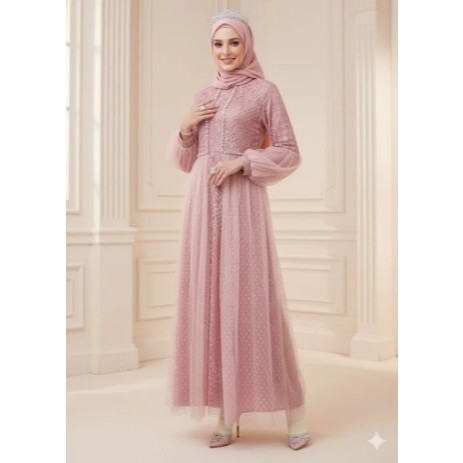 Gamis Pesta Brokat Mewah Muslim Elegan – Bahan Lace Premium, tulle, full furing