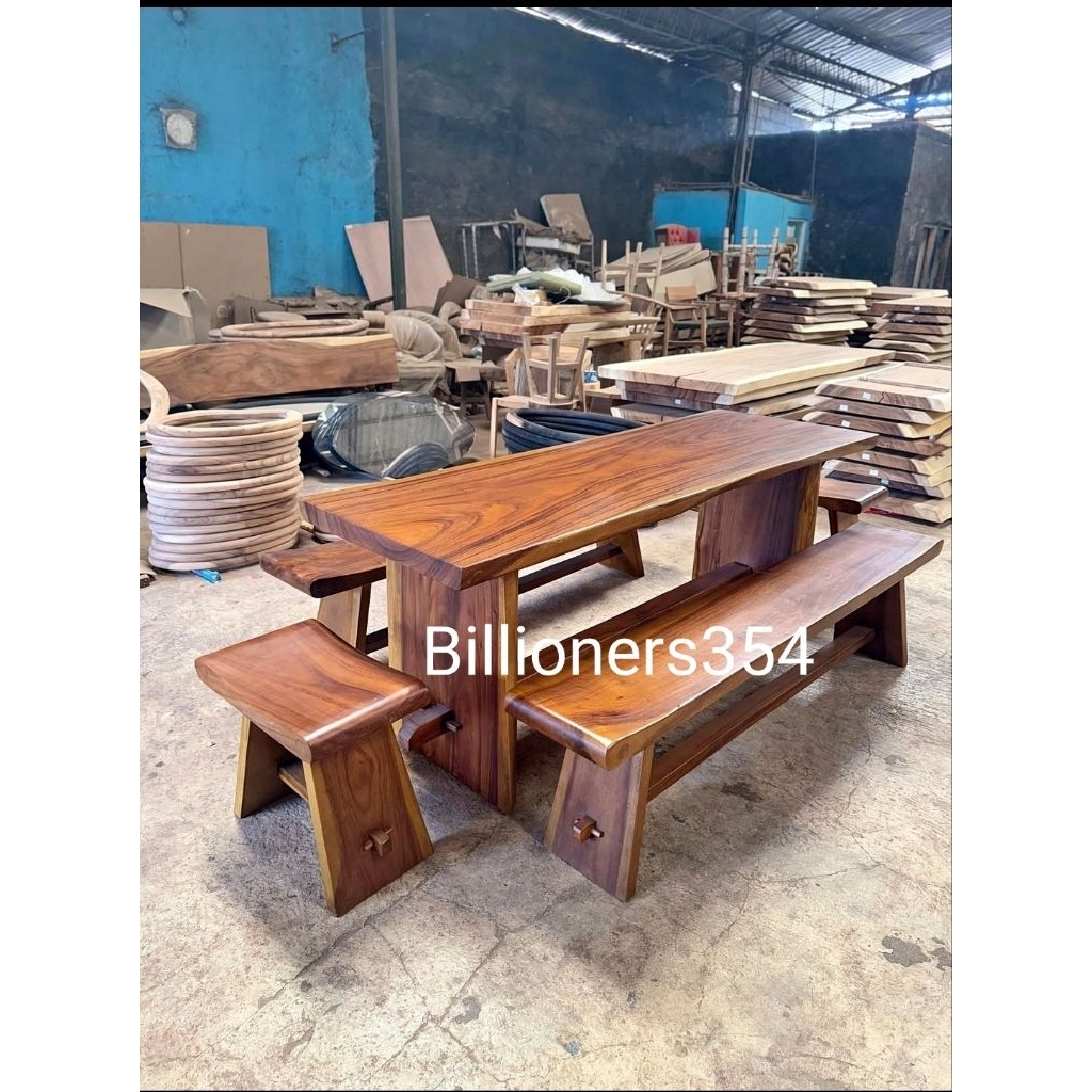 Meja Makan Set Trembesi Kayu Solid Utuh