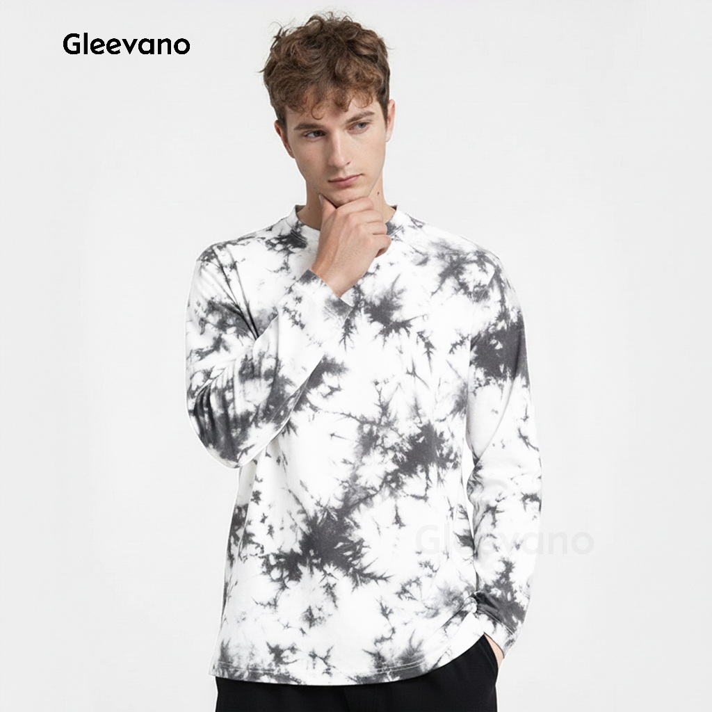 GLEEVANO - Kaos Polos Tie Dye Pria Wanita Lengan Panjang Corak Motif Abstrak Hitam Putih