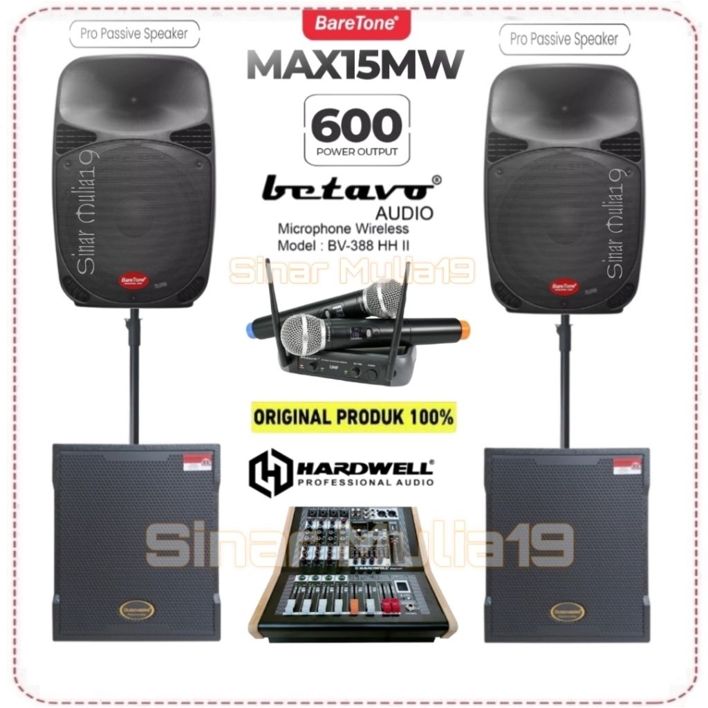 Paket Sound System Speaker 15 Inch BareTone MAX15MW Subwoofer Aktif DusenBerg dB 12 PRO Power Mixer 