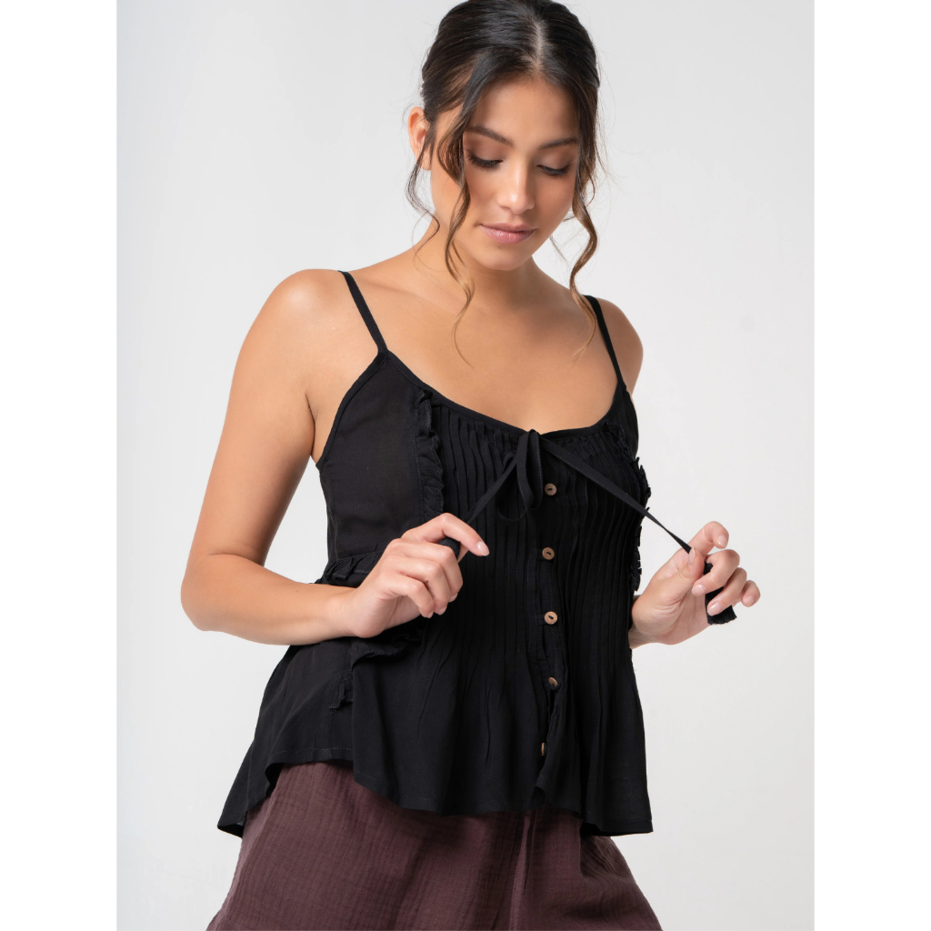 BLOOD + BONE - Alphabet City Top - Black - Sophisticated Rayon Top with Open Front Button Detail and