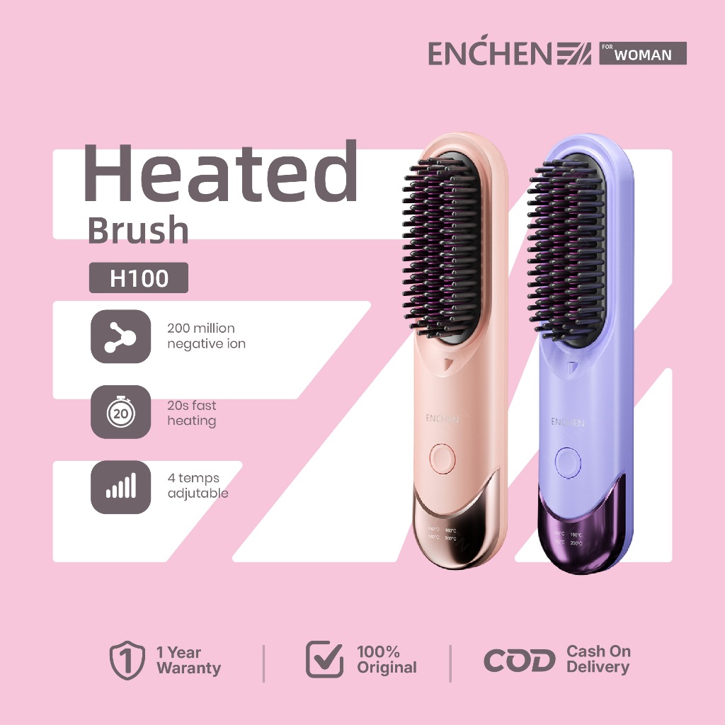 ENCHEN Heated Brush H100 Sisir Catok Rambut Tanpa Kabel TypeC