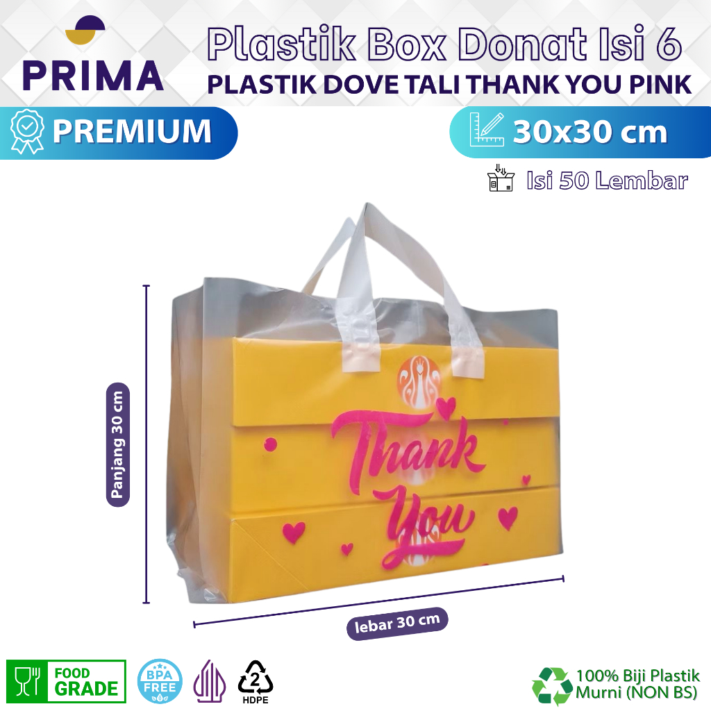 Kantong Plastik Dove 30x30 cm Tali Motif Thank You isi 50 pcs untuk Box Donat isi 6, Box Hokben Warn
