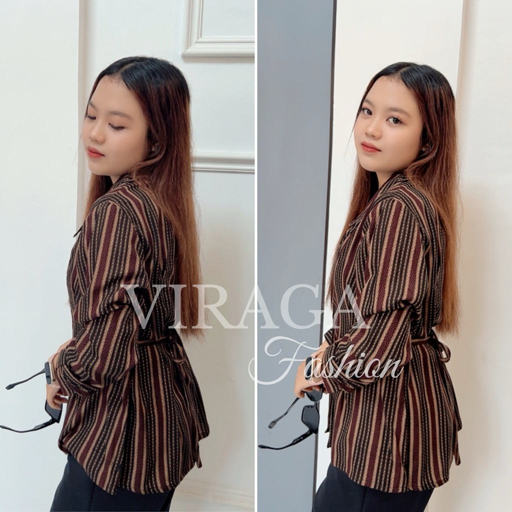 Viraga fashion-Kemeja Wanita Premium Motif Salur Etnik – Outer Blouse Lengan Panjang Elegan Kekinian