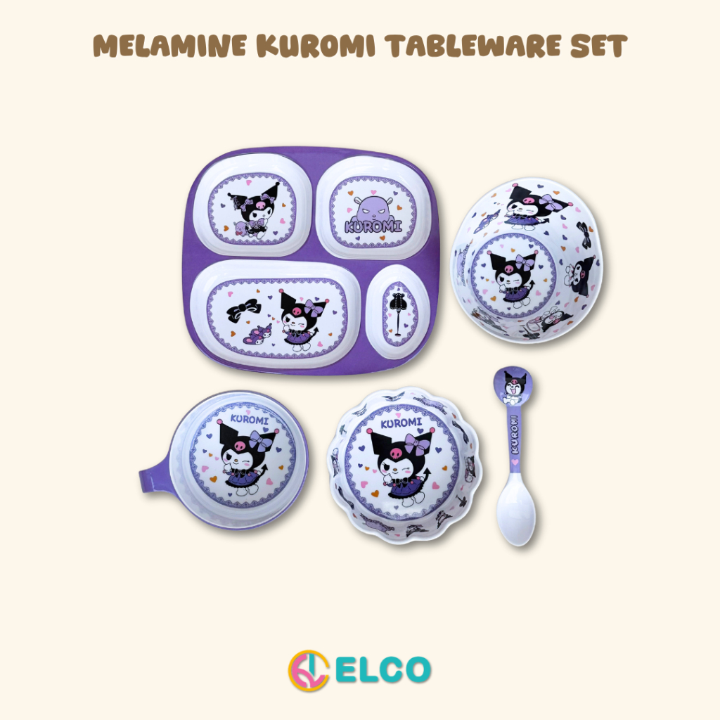 ELCO premium melamine kuromi kids plate spoon tableware set / piring sendok anak bahan melamin kurom
