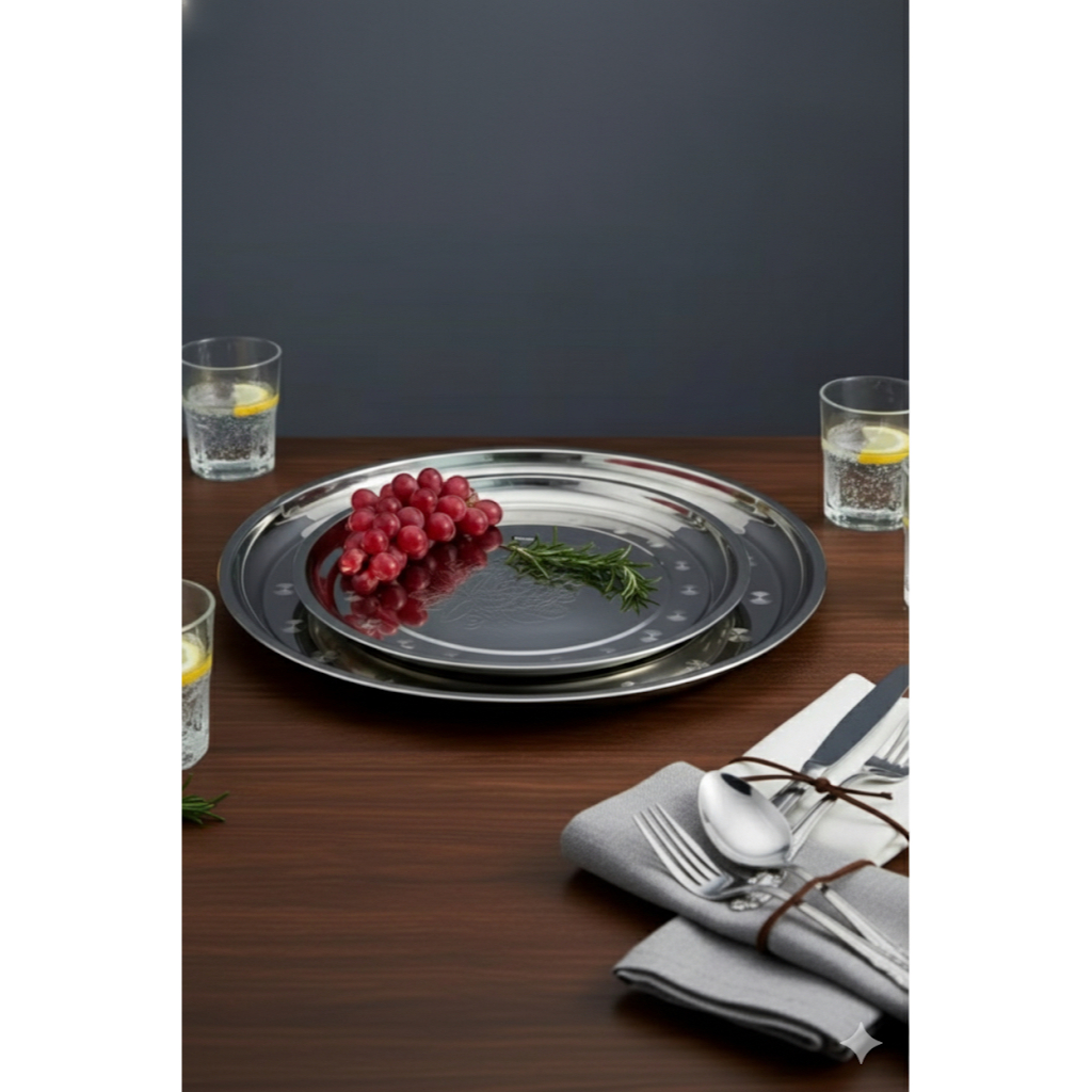 Nampan Stainless Bulat Motif Anggur - KITCHEN MEDAN