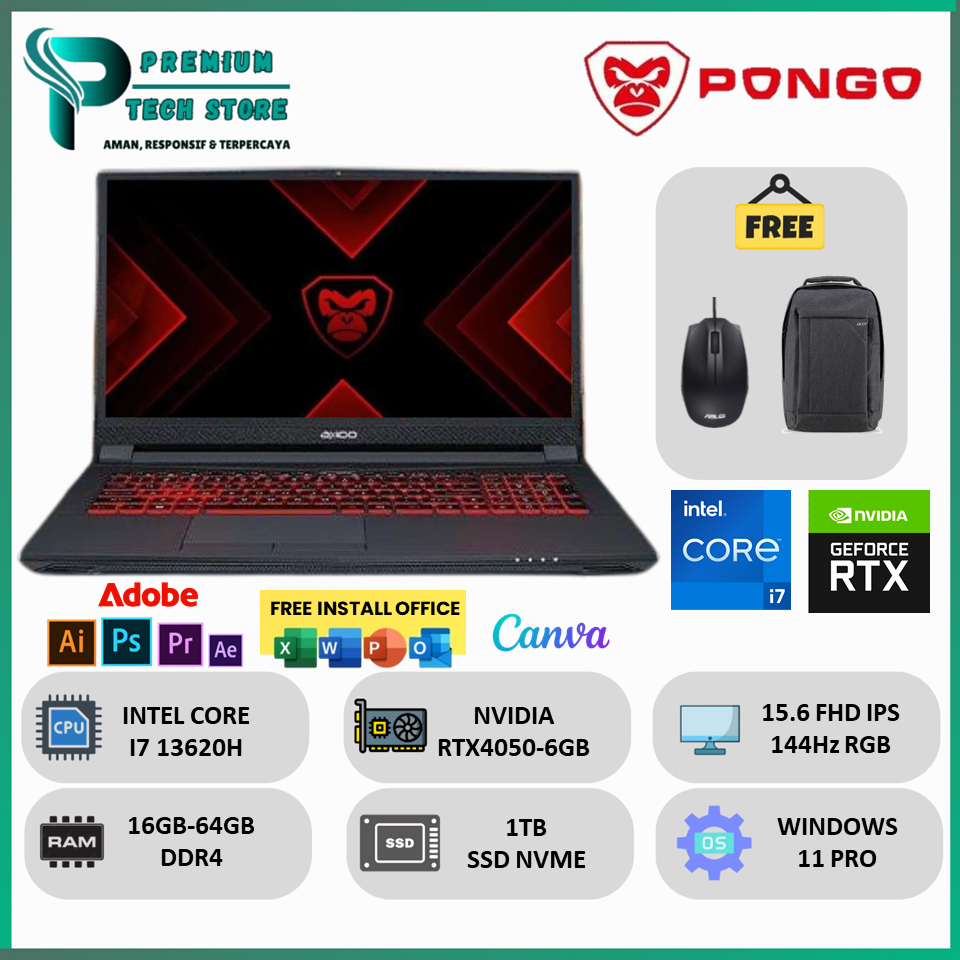 Axioo Pongo 750 Intel i7 13620H RAM 32GB 1TB SSD RTX4050 6GB 144HZ Windows11 Home Office2021