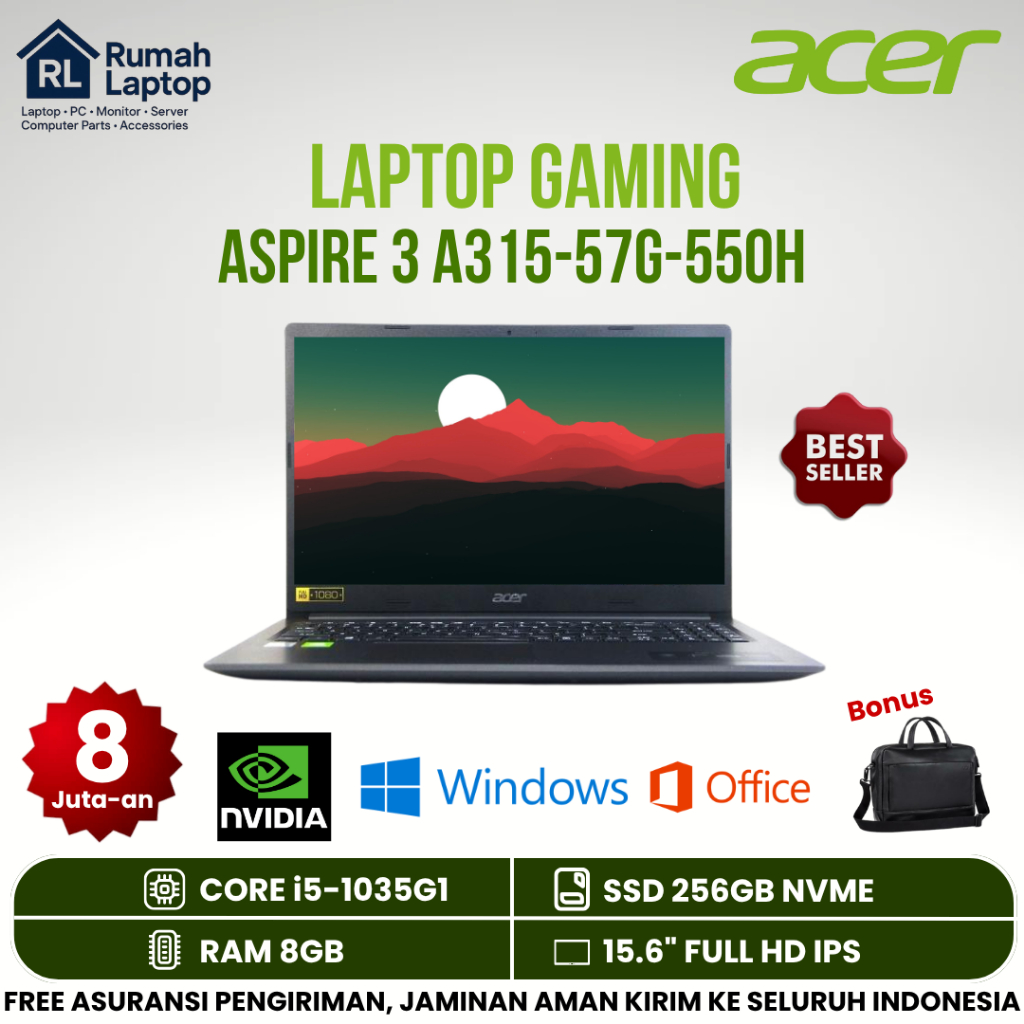 Laptop Acer Aspire 3 A315-57G-550h Core i5-1035g1 Ram 8gb Ssd 256gb Nvme Vga Nvidia 2gb 15.6 Inch Fu