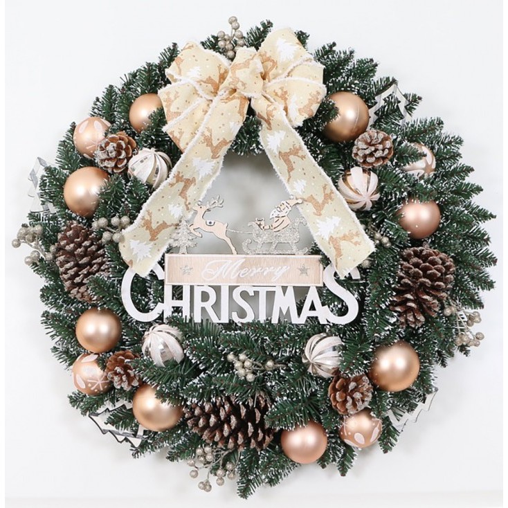 Yeraya Hiasan Krans Natal Bullet Leaf Champaggne Pinus Pita Rusa 40cm 50cm Hiasan Krans Natal Salju 