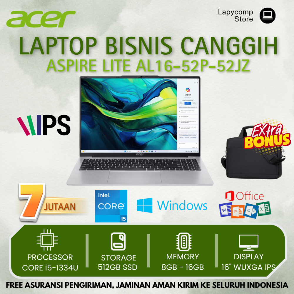 Acer Aspire Lite Laptop Baru AL16-52JZ INTEL i5-1334U 16GB DDR5 512GB SSD 16"WUXGA IPS Bonus Tas