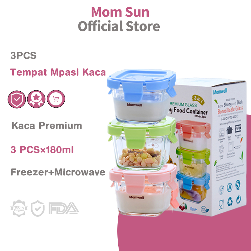 Mom Sun Premium Glass Jar Baby Food Container 3 pcs BPA FREE / Peralatan Makan Bayi MPASI