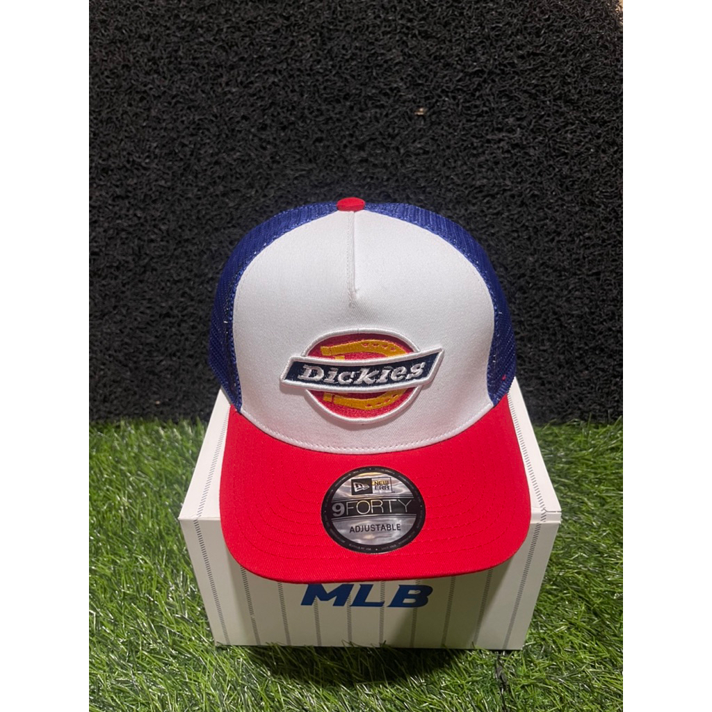 New Logo DICKIES Trucker Blue Bahan Putih Visor Merah Topi Premium Pria Wanita