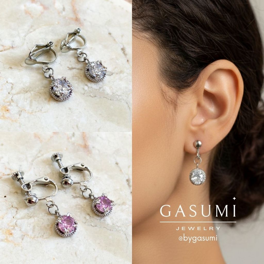 ORELIA - Anting Jepit Tanpa Tindik Gantung Bulat Kristal Earclip Clip Earrings Klip Anting Giwang Kl