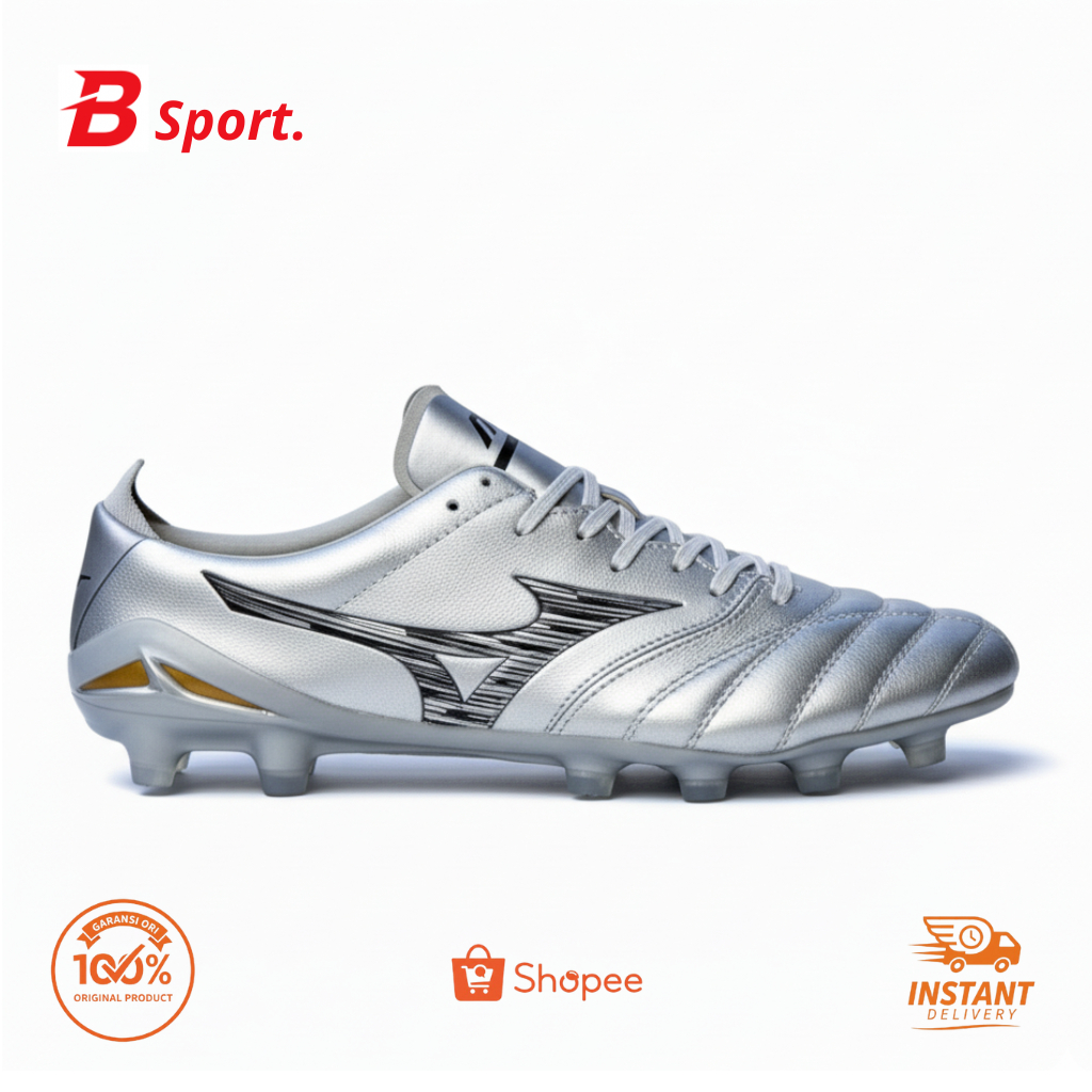 Sepatu Bola Mizuno Morelia Neo 4 Pro Silver Black FG – Original 100% Import, Ringan & Nyaman