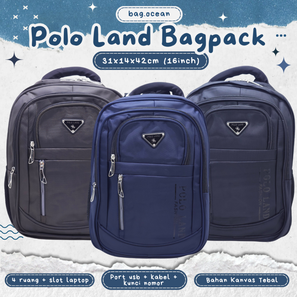 Ransel Laptop Polo Land 16 inch Kunci Nomor + USB / Tas Sekolah POLO LAND ORIGINAL ANTI MALING SD SM