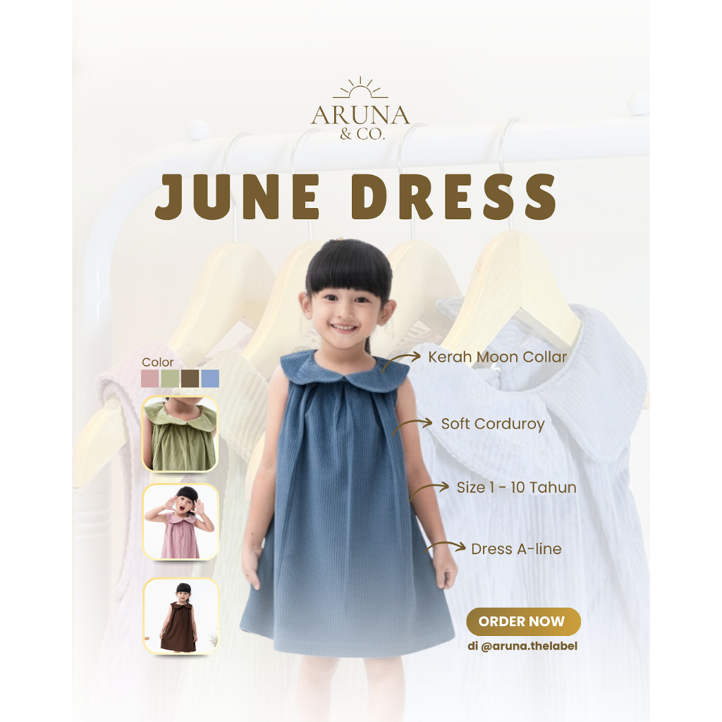 ARUNA - JUNE Dress | Dress Gaun Anak Perempuan | Dress Soft Corduroy Premium | Size 1 - 10 Tahun