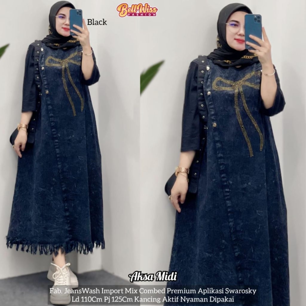 ariska midi dress jeans by valent gamis rayon kombinasi denim dress import dress simple elegant gami