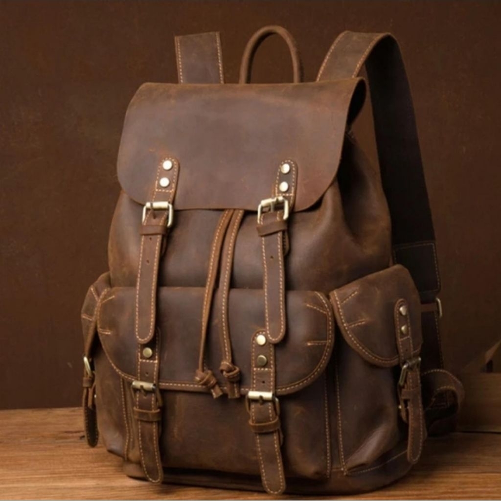 backpack ransel pria kulit sapi asli garut (Crazy horse) - Hitam