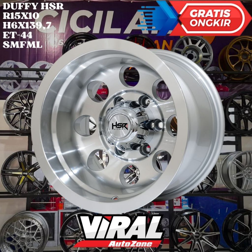 Velg Mobil Ring 15 HSR DUFFY R15 LEBAR 10 INCH LOBANG BAUT 6 PCD 6X139,7 ET-44 SILVER POLISH