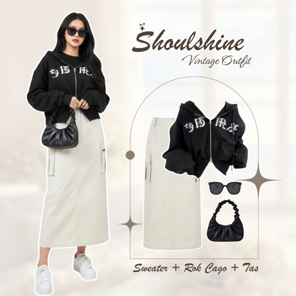 Oneset Setelan Remaja Wanita Korean Style ( Sweater Hoodie + Rok Cargo + Kacamata + Tas ) AM231R