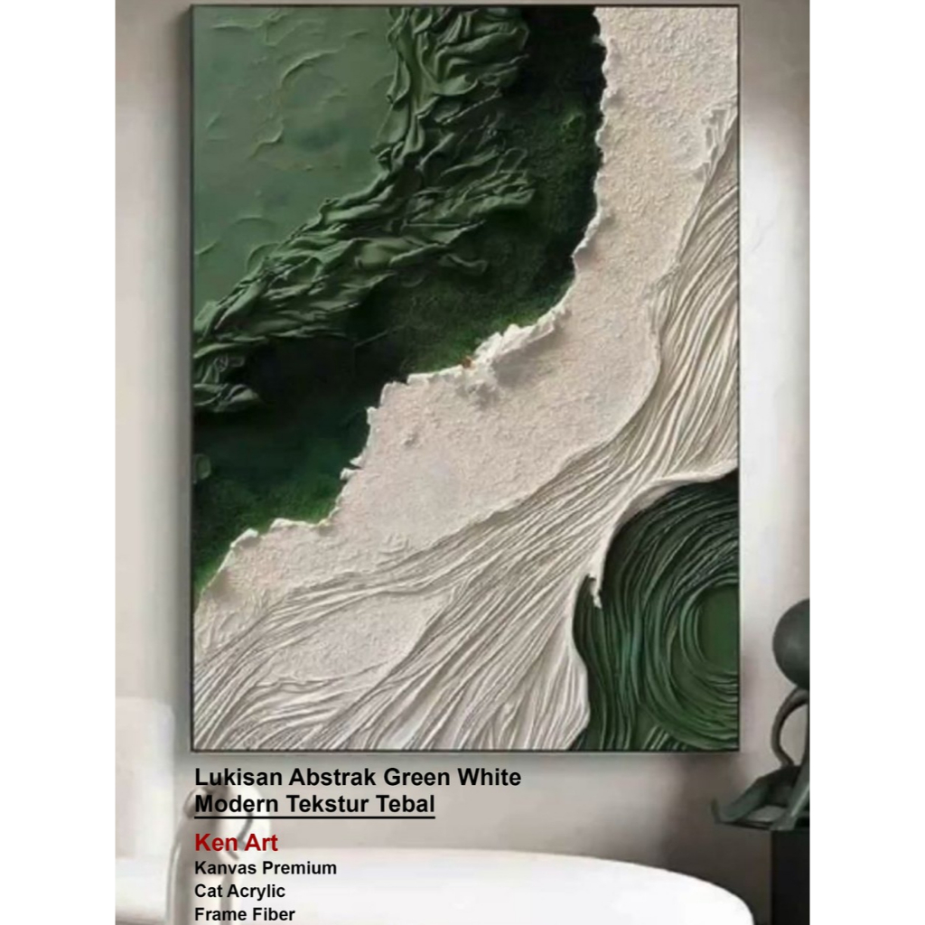 lukisan abstrak hijau putih kanvas tekstur tebal hiasan dinding minimalis aesthetic modern art