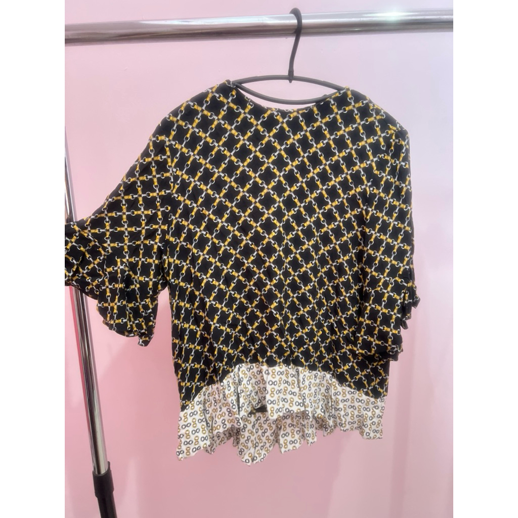 PRELOVED ZARA WOMAN BLOUSE ATASAN WANITA NAVY MOTIF  SIZE M