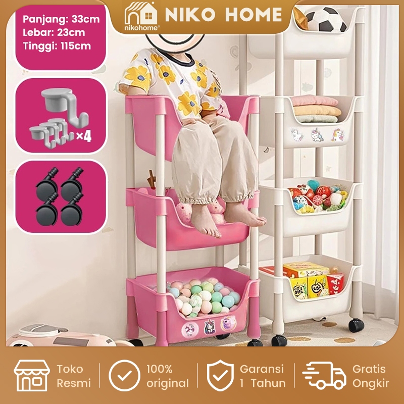 NIKOHOME Rak Bayi Rak Susun Serbaguna 4 Troli Plastik Rak Dengan Roda Dan Pegangan Ruang belajar