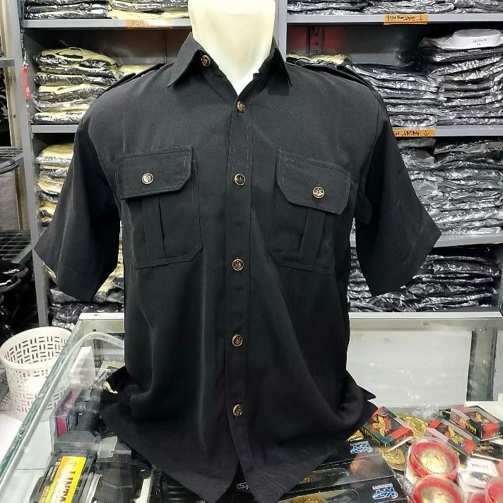 SETELAN BAJU CELANA SERAGAM SAFARI HITAM PENDEK SATPAM, SECURITY