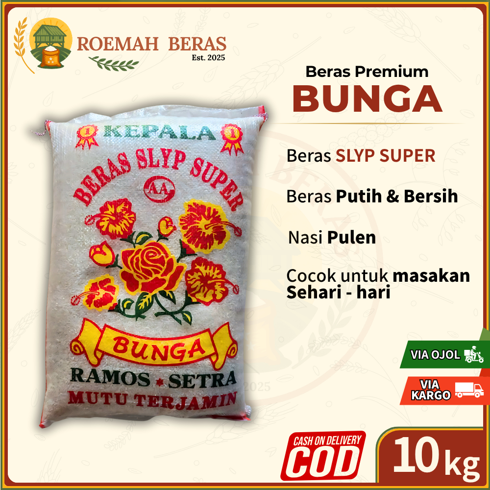 Beras Cap Bunga Kembang 10 kg - Beras Slyp Super - Beras Premium - Nasi Pulen - Kualitas Super - 10k