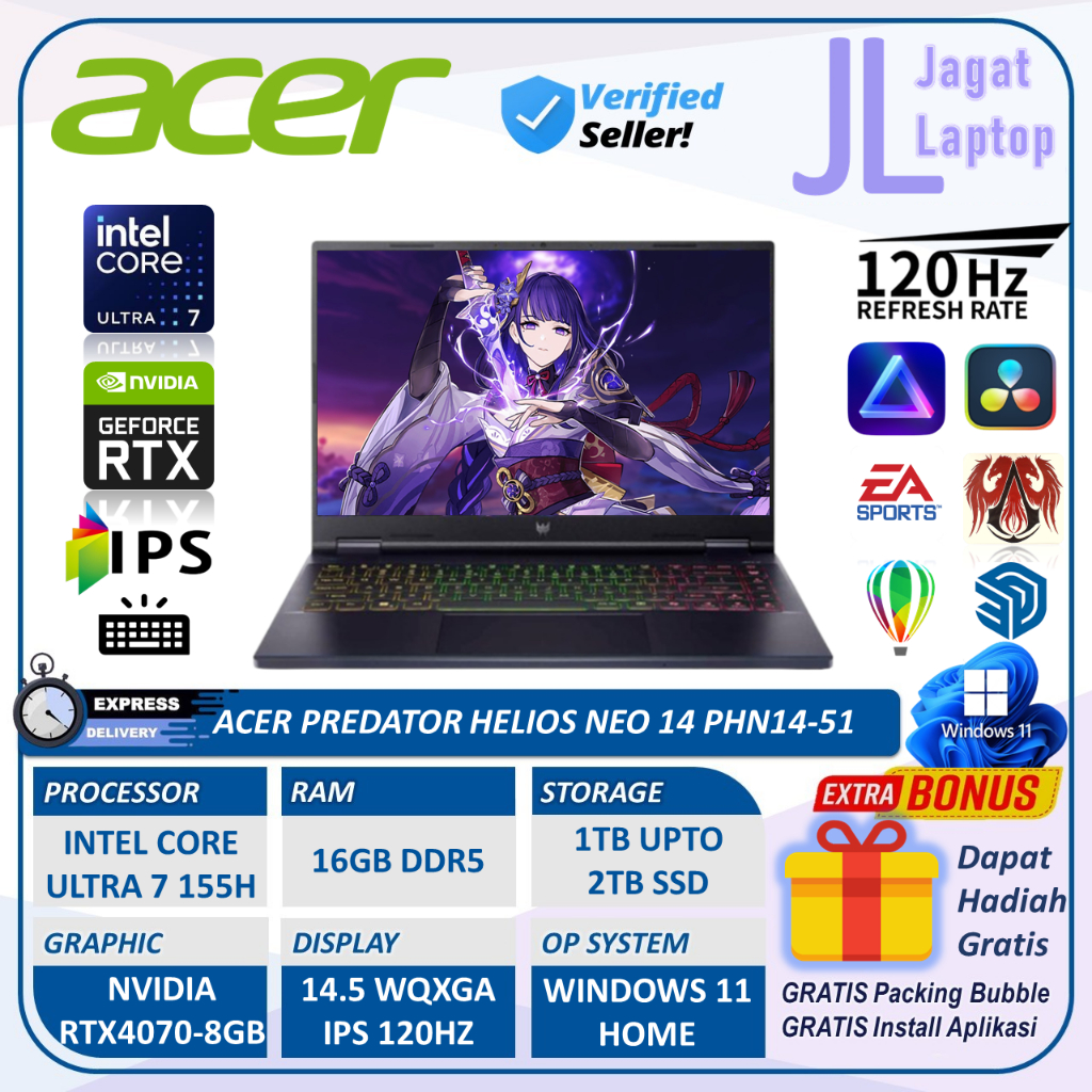 Acer Predator Helios Neo Intel Ultra 7 RTX4070 16GB DDR5 2TB SSD 14 inch WQXGA IPS 120Hz