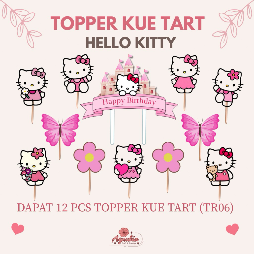 TR06 - Topper Hello Kitty / Topper Kue Ulang Tahun / Topper Cake Tart Happy Birthday / Dekorasi Kue 