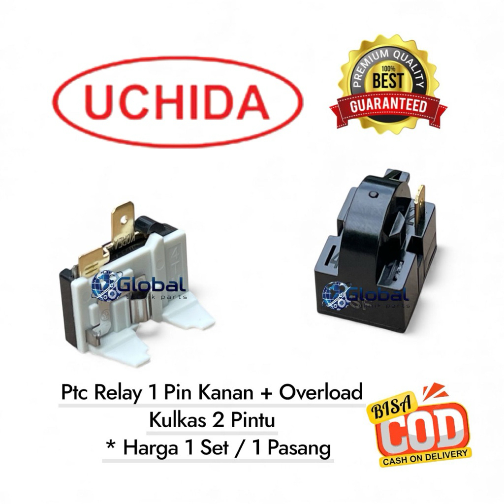 [1 Set ] Ptc Relay 1 Pin Kanan + Overload Kulkas 2 Pintu / Relay kulkas UCHIDA 2 Pintu