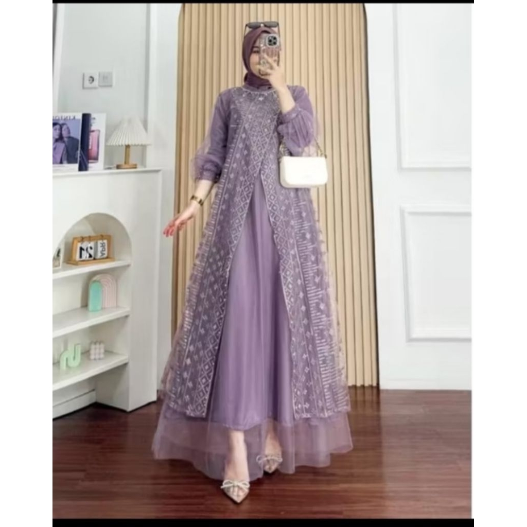 Gamis Kondangan Kaila Drees Brokat Tile mix Full Puring Elegan Mewah Terbaru
