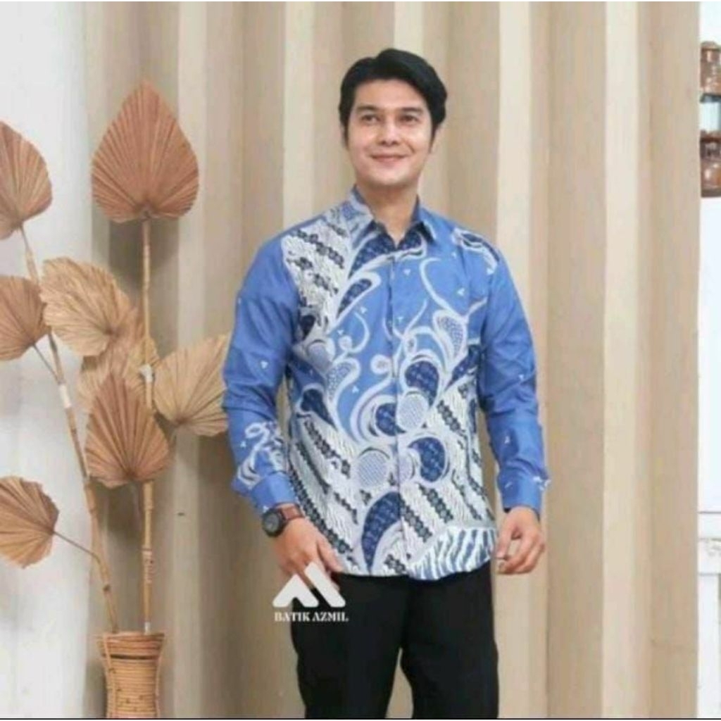 Kemeja batik lengan panjang pria modern MULYO BIRU baju batik pria M L X XXL