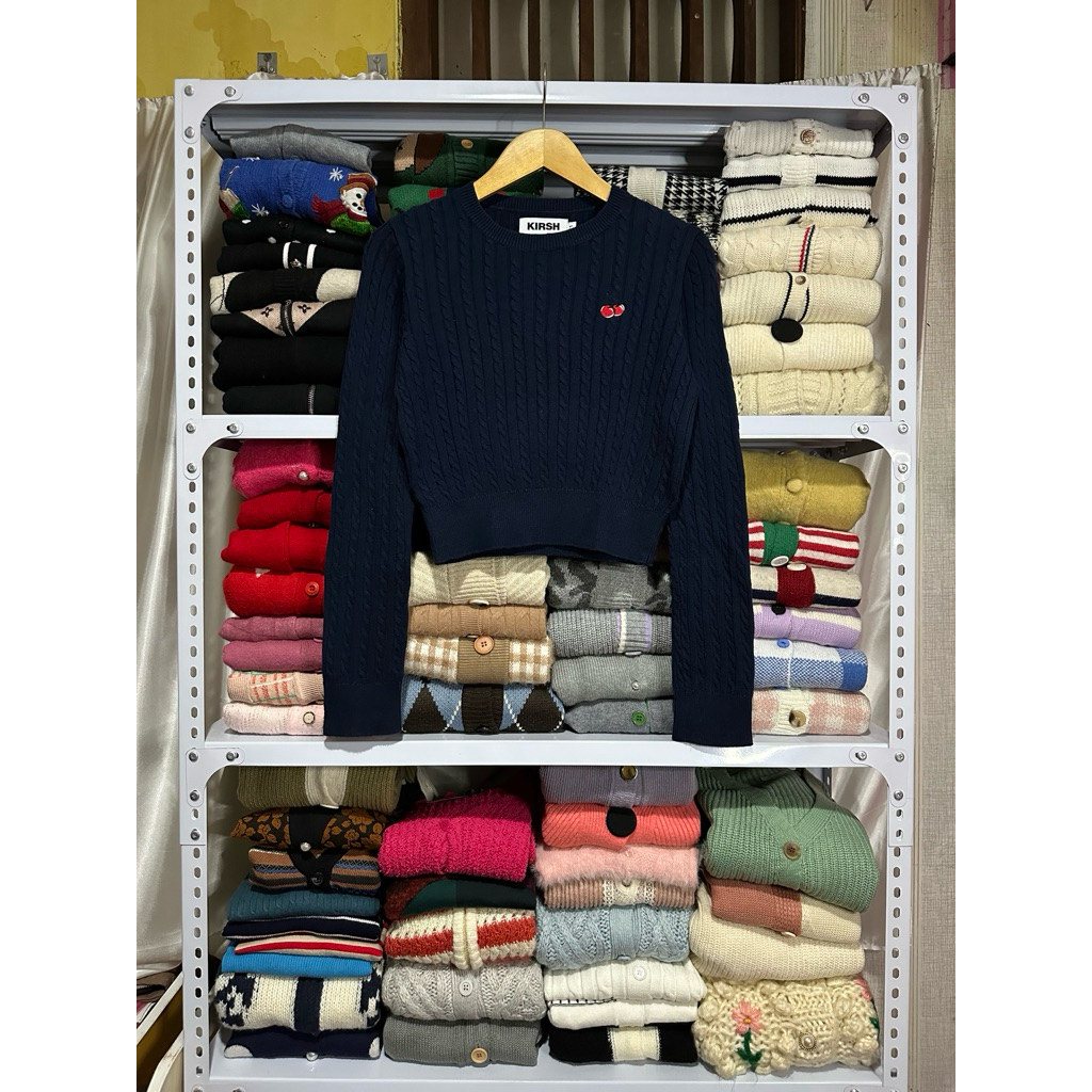 Sweater Atasan Kirsh Knit Cable Kepang Biru Navy Crop Full Tag with Barcode